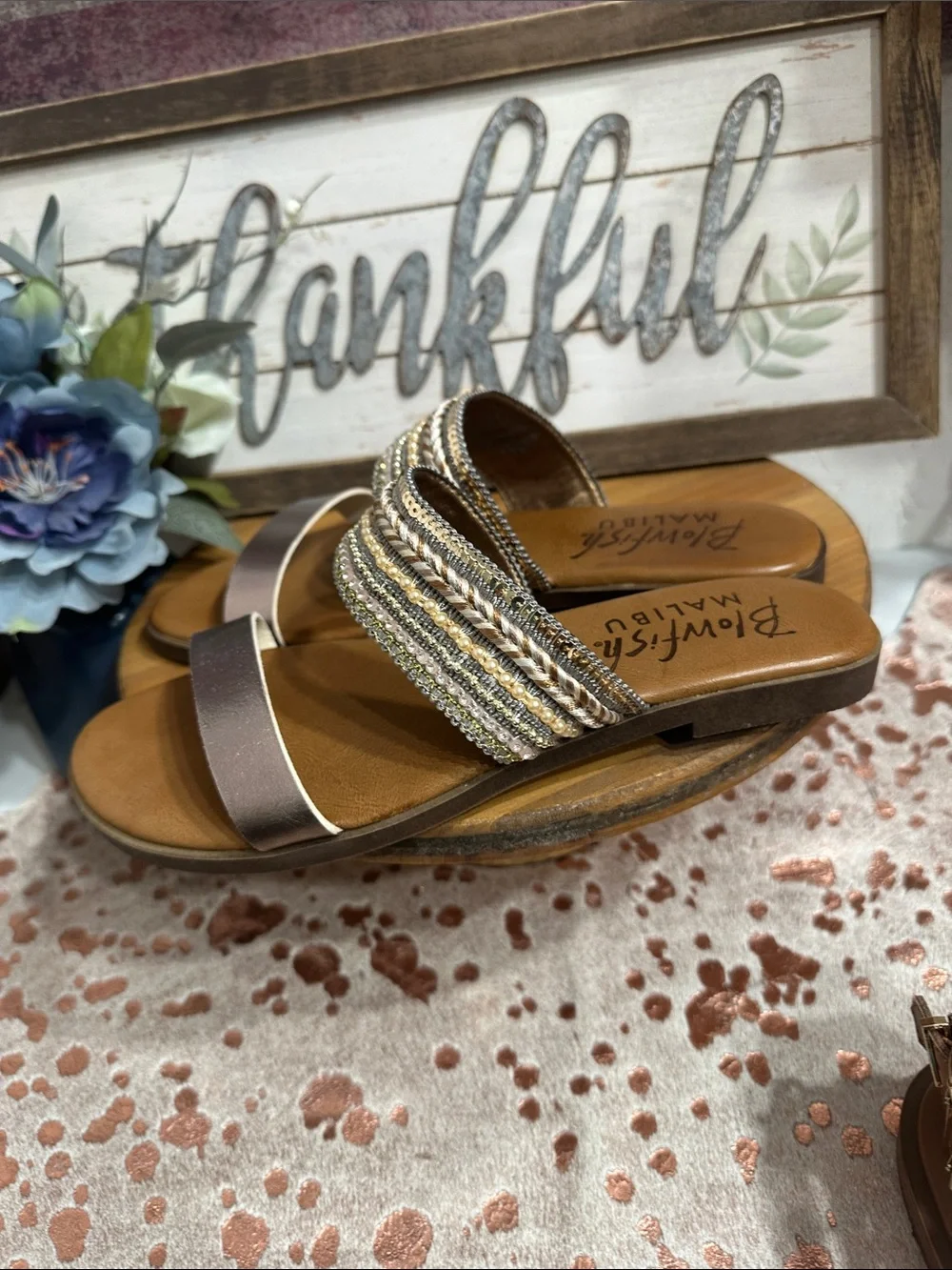NWOT Beaded Metallic Brinze and rose gold Slide Sandals for Women